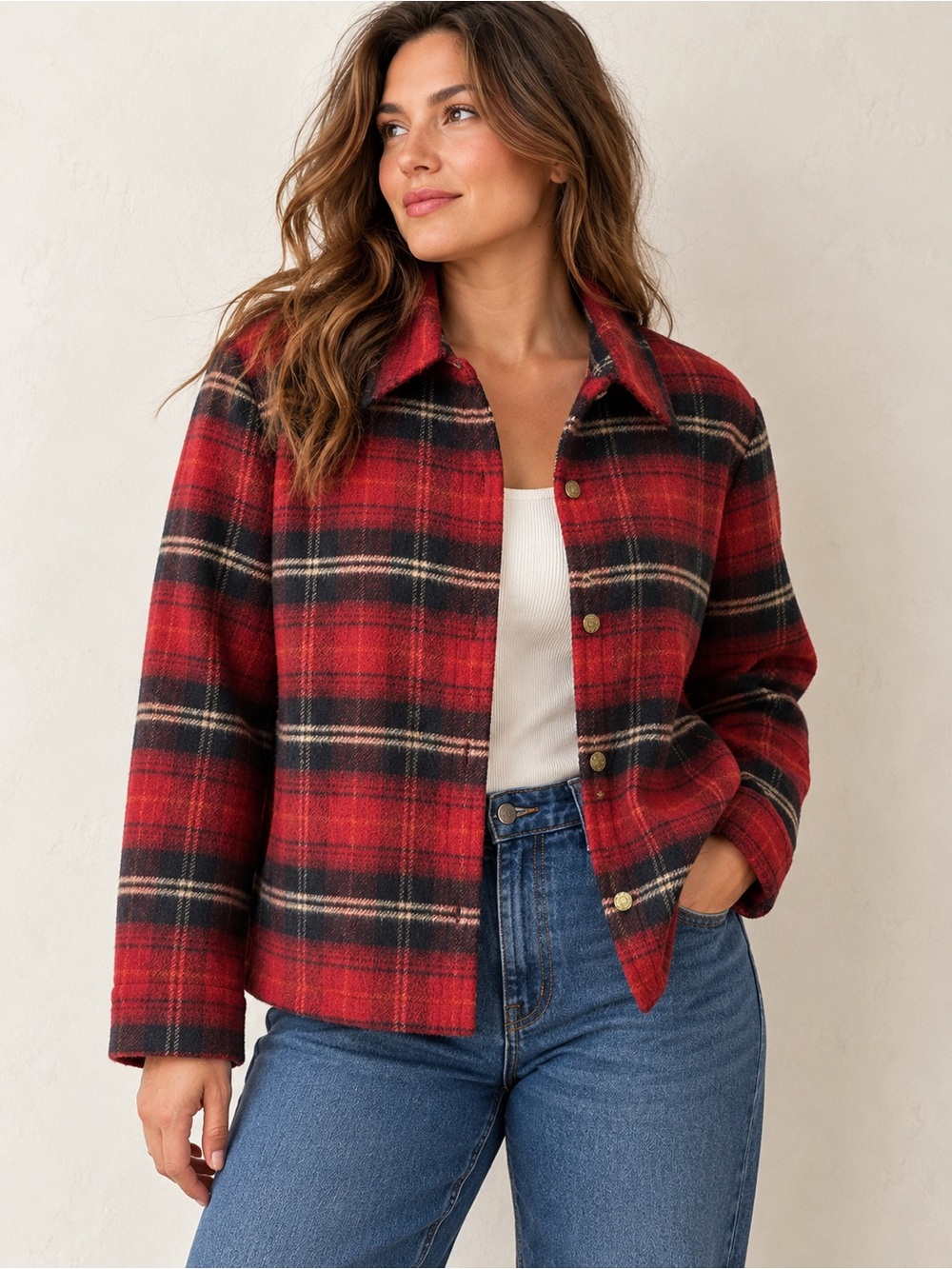 Plaid Wool Blend Jacket Red Tartan Preppy Heritage Cabin Size 14/XL Evan-Picone